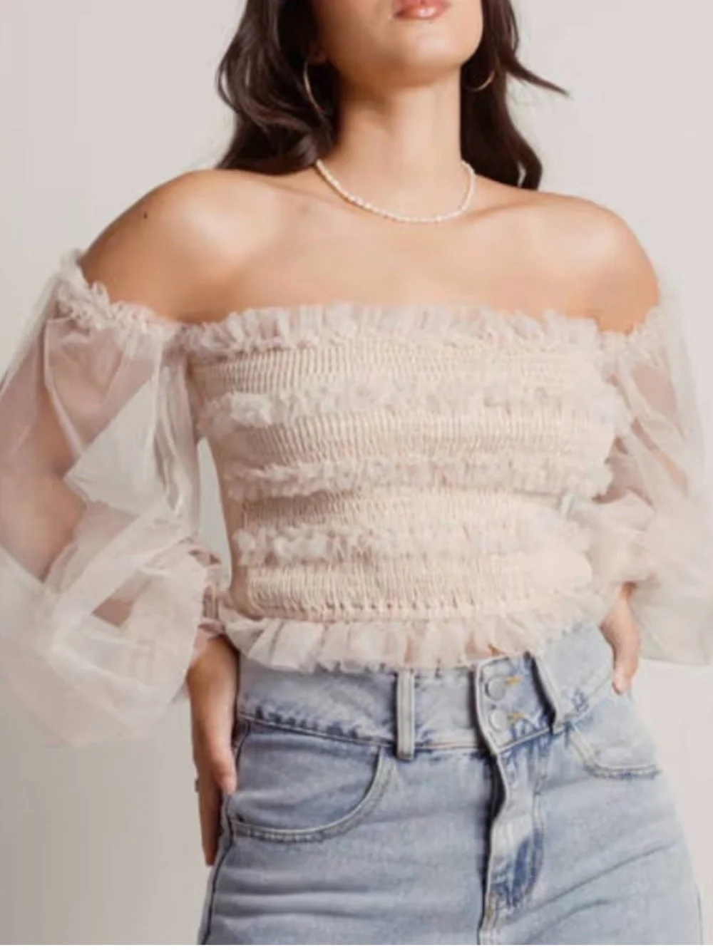 Mable x Anthropologie Romantic Smocked Tulle Tube Cropped Top Neutral Large NEW - Picture 4 of 9